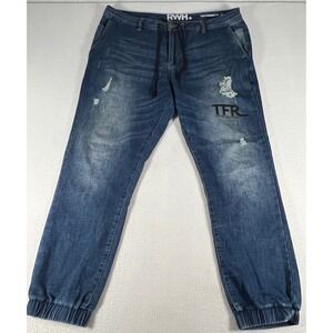 RWH Denim Joggers Women 38 Blue GUC Distressed Slim Straight TFR Logo Streetwear
